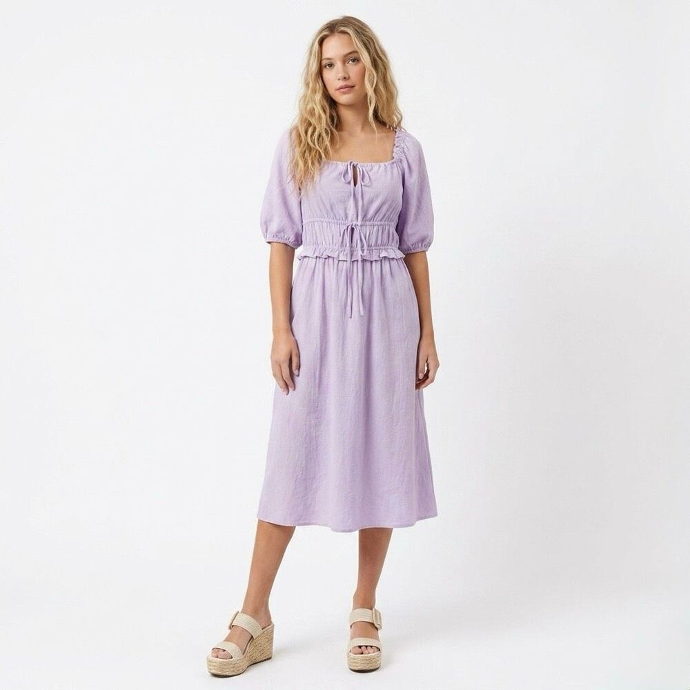 Universal Thread Purple Milkmaid Cottagecore Puff Sleeve Cotton Midi Dress Small